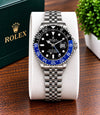 Luxury Black & Blue GMT Style Watch for Men – Silver-Tone Bracelet, Black Dial & Date Display