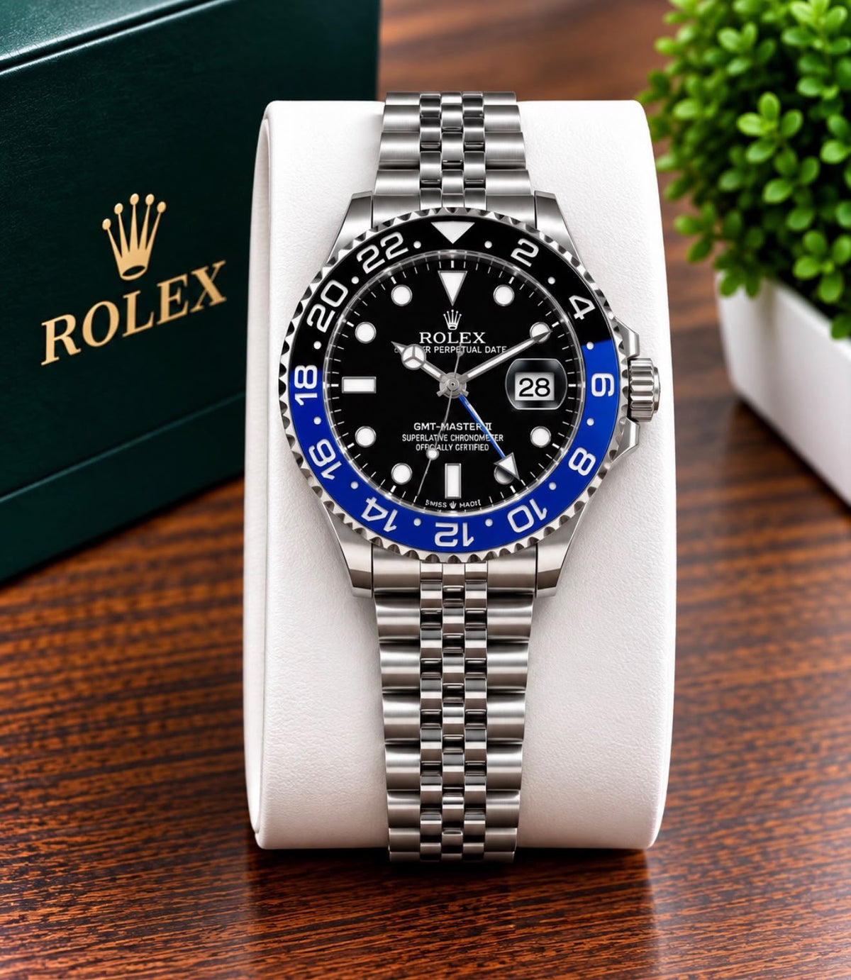 Luxury Black & Blue GMT Style Watch for Men – Silver-Tone Bracelet, Black Dial & Date Display