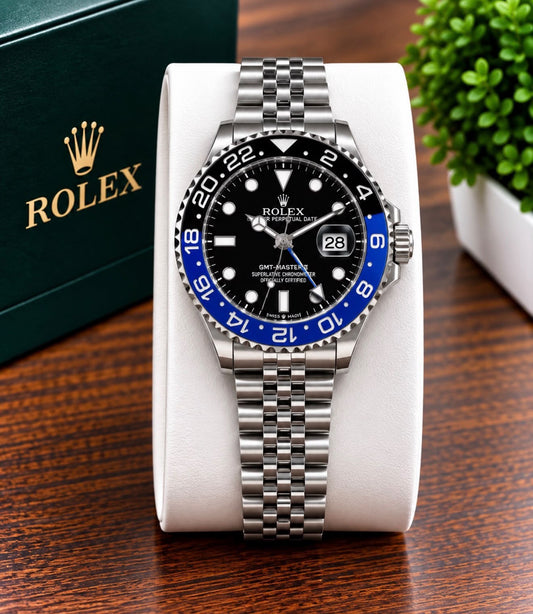 Luxury Black & Blue GMT Style Watch for Men – Silver-Tone Bracelet, Black Dial & Date Display