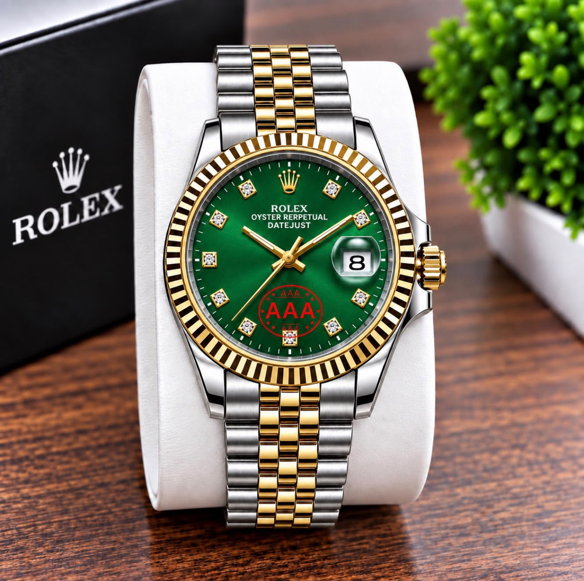 Luxury Datejust Style Two-Tone Silver Gold Watch with Green Dial, Diamond-Style Hour Markers and Jubilee Bracelet