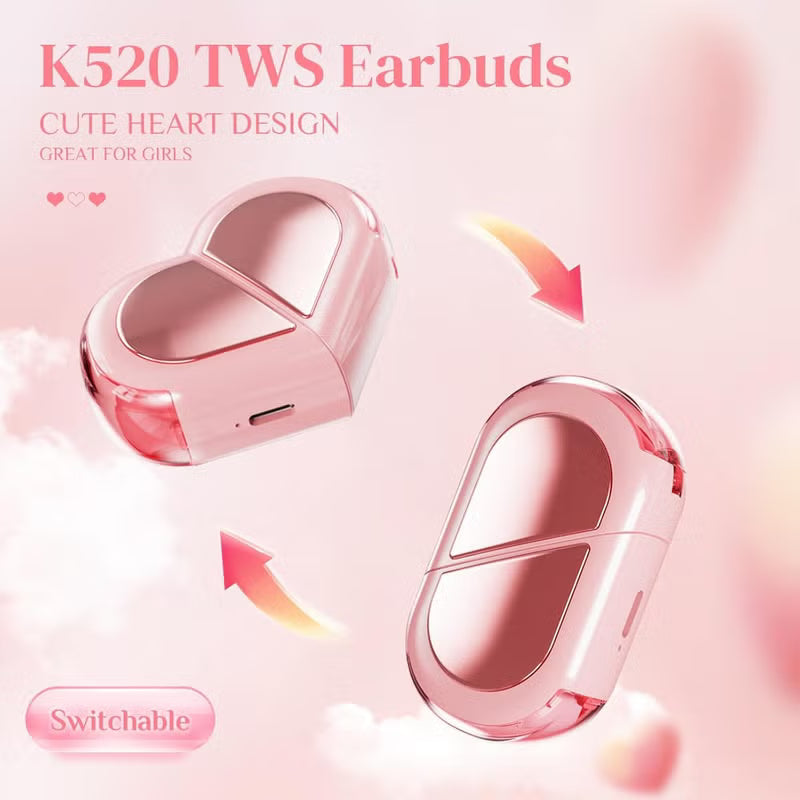 Wireless Earbuds: Pink Heart-shaped Transformable Charging Case