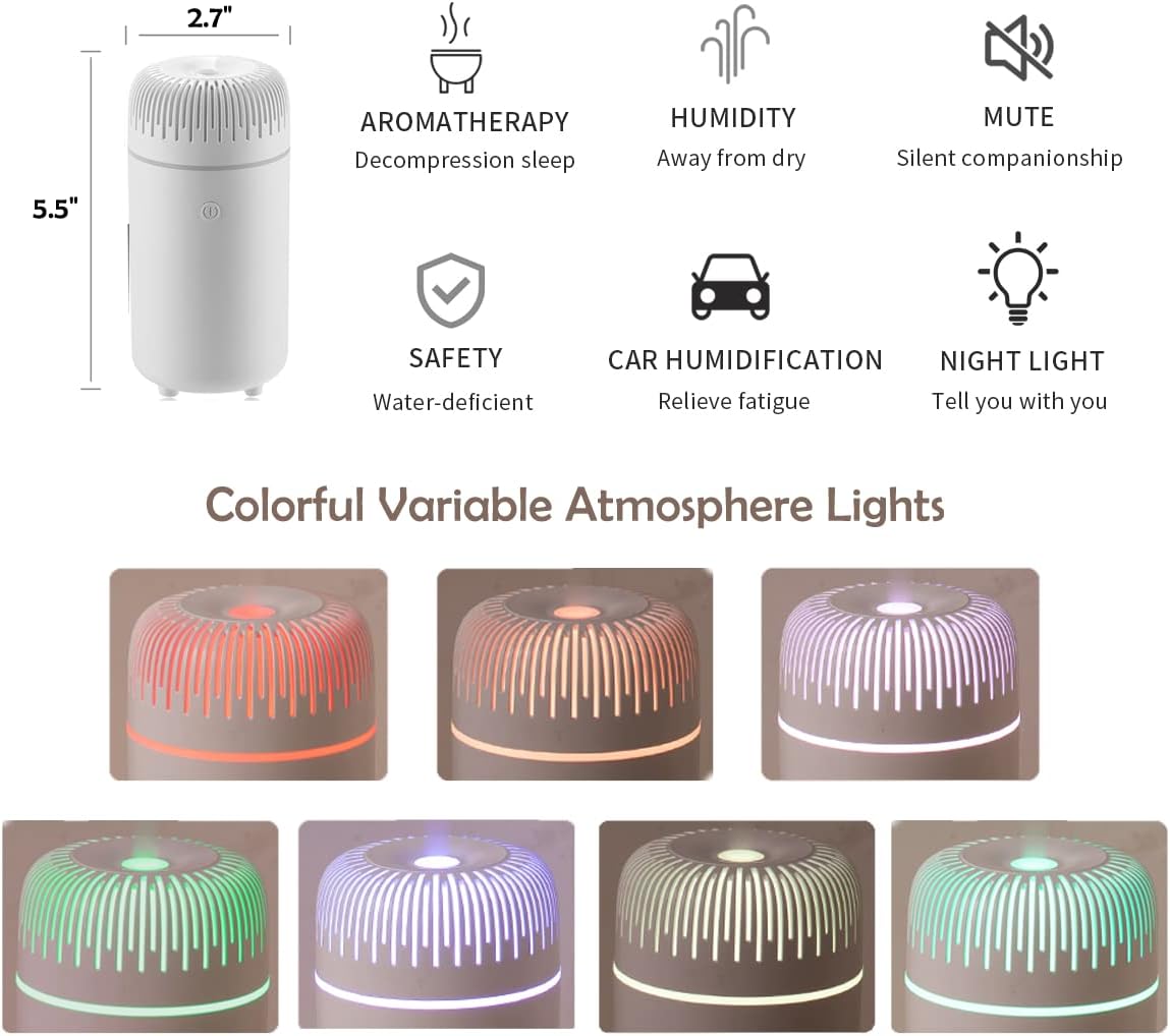 مرطب هواء صغير بمنفذ USB مع إضاءة محيطة ملونة وتشغيل صامت